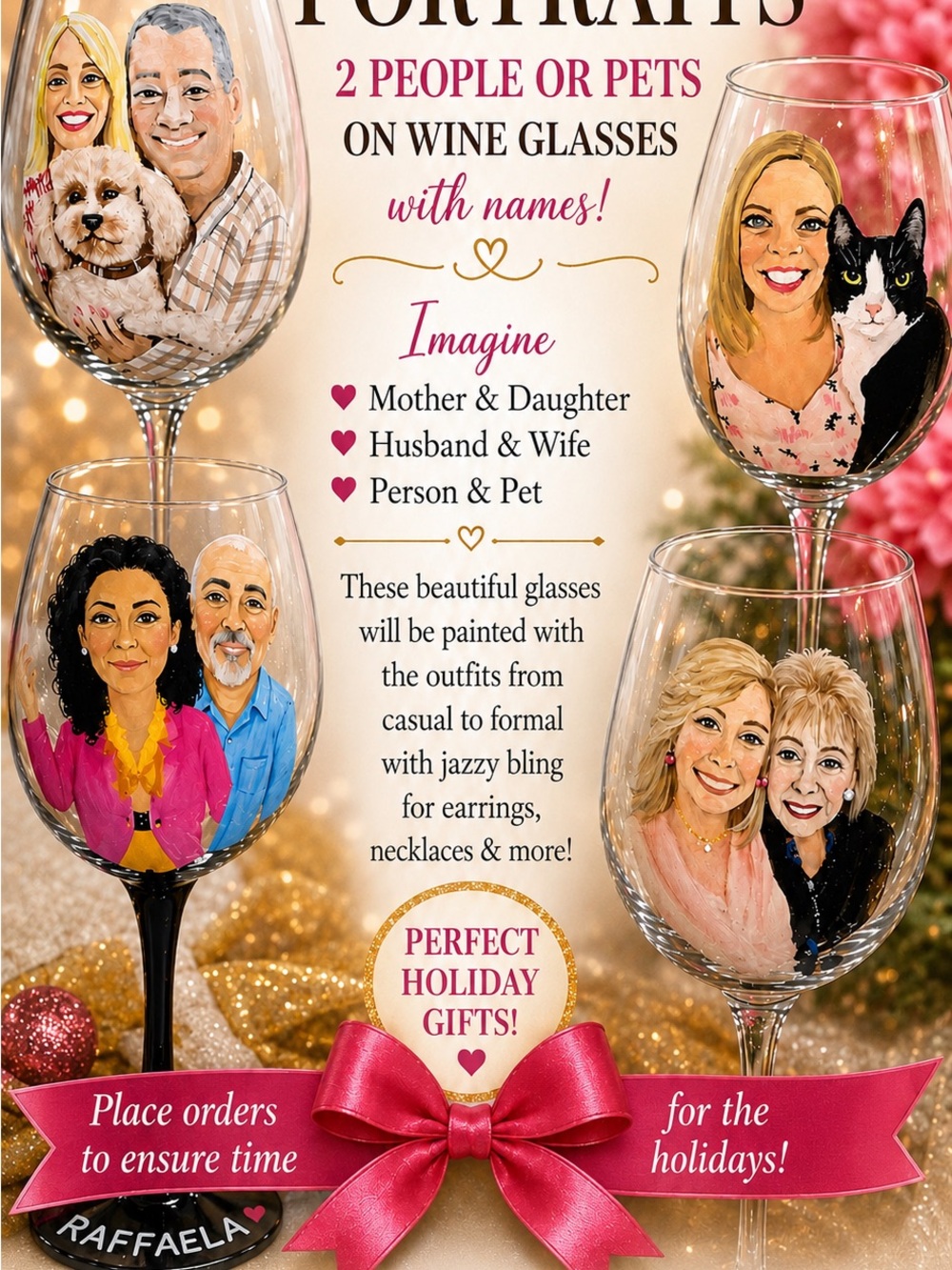 Custom hand painted portraits on wine glasses